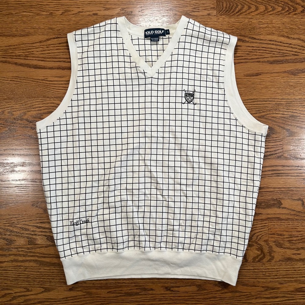 Polo Golf Ralph Lauren Mens Large V-Neck Sweater Vest White Black Grid Logo VTG